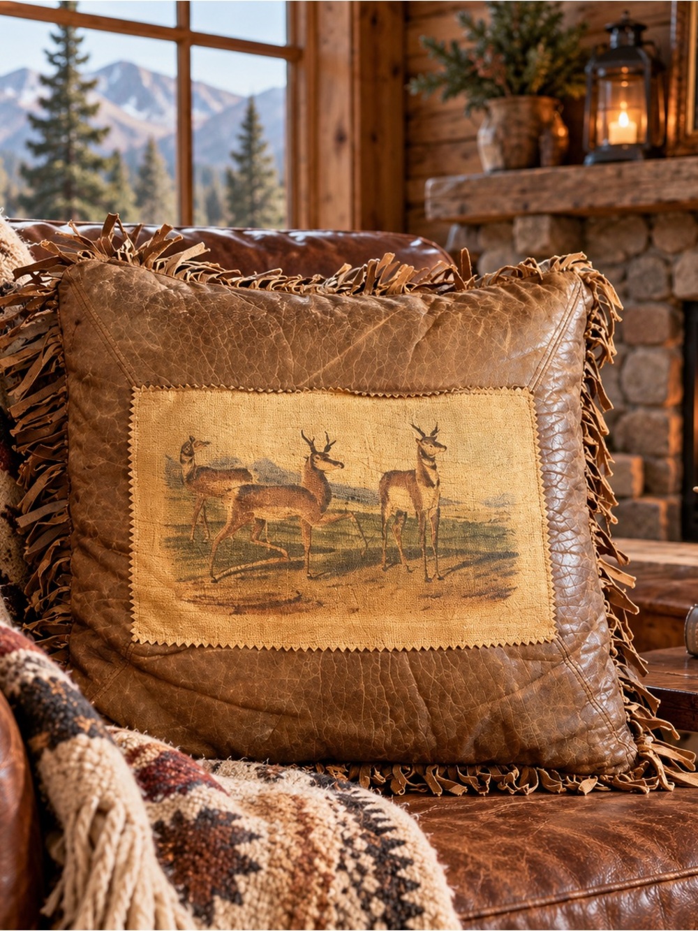 Vintage Double D Ranch Home Collection Deer Leather Fringe Pillow
